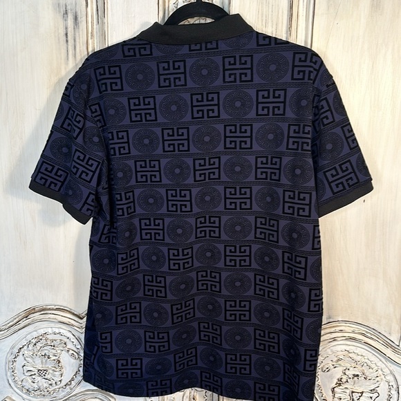 Men’s IBaldelli  Navy Short Sleeves Burn Out Velvet Graphic Pattern Polo Shirt - Picture 7 of 9